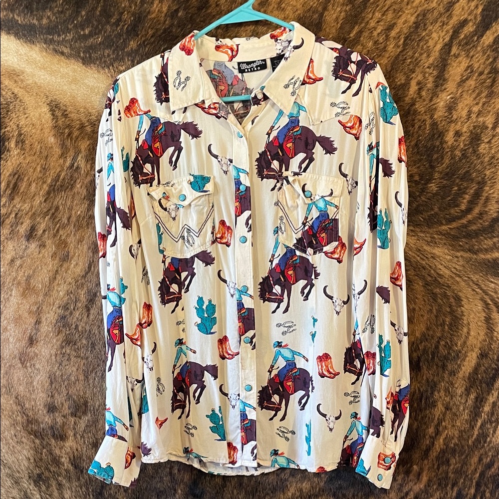 Wrangler Retro Western Cowboy Print Button-Up Shirt